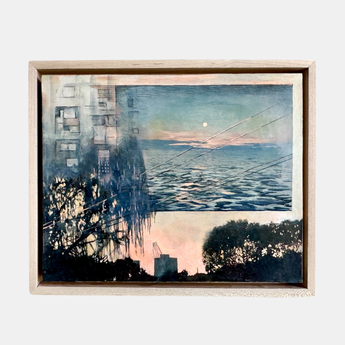 Framed artwork with abstract design of water, trees, and buildings.