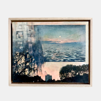 Framed artwork with abstract design of water, trees, and buildings.