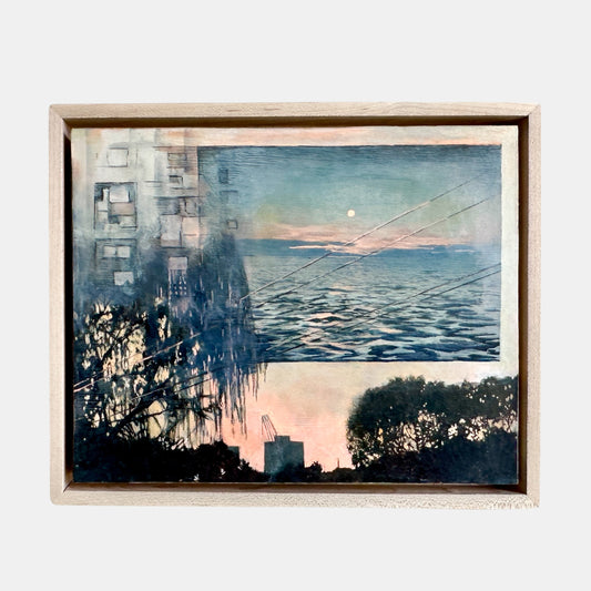 Framed artwork with abstract design of water, trees, and buildings.