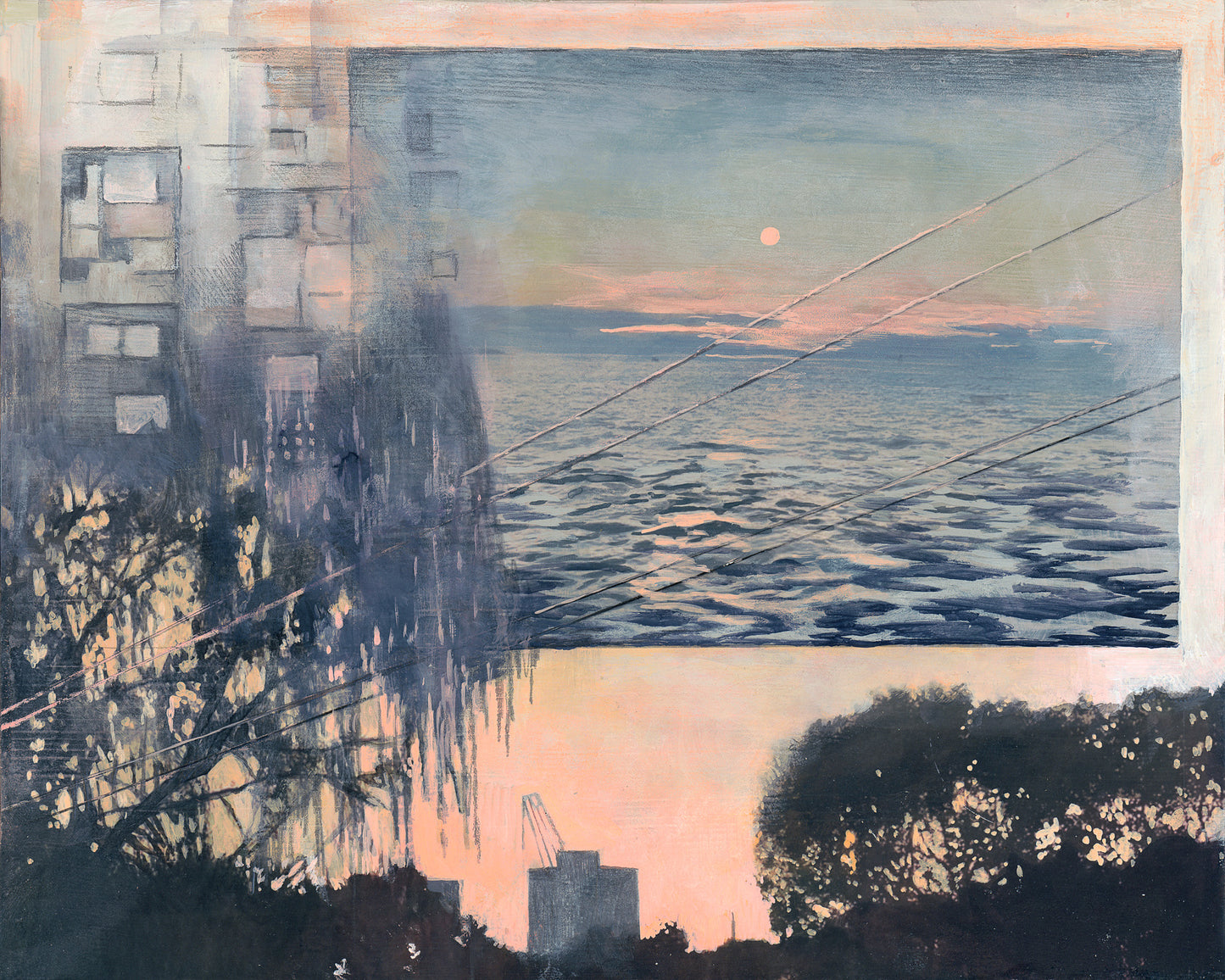 Artistic depiction of a cityscape with water and sunset