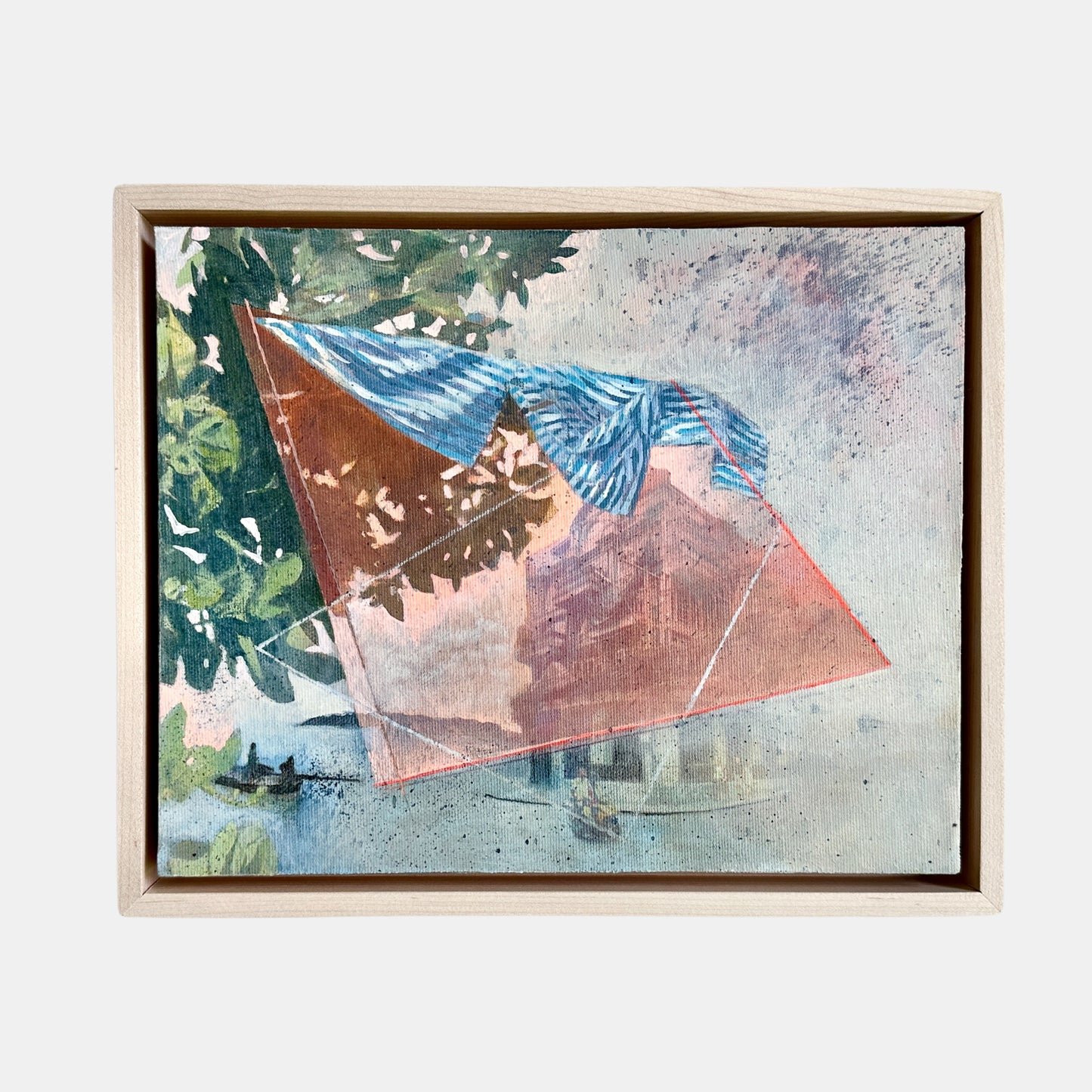 Framed abstract artwork with geometric shapes and natural elements on a light background