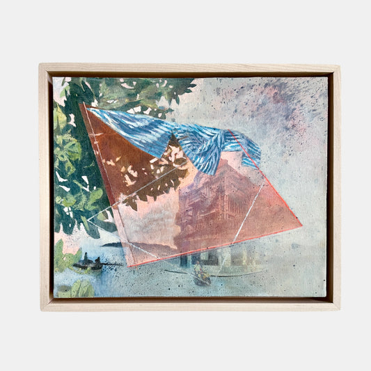 Framed abstract artwork with geometric shapes and natural elements on a light background