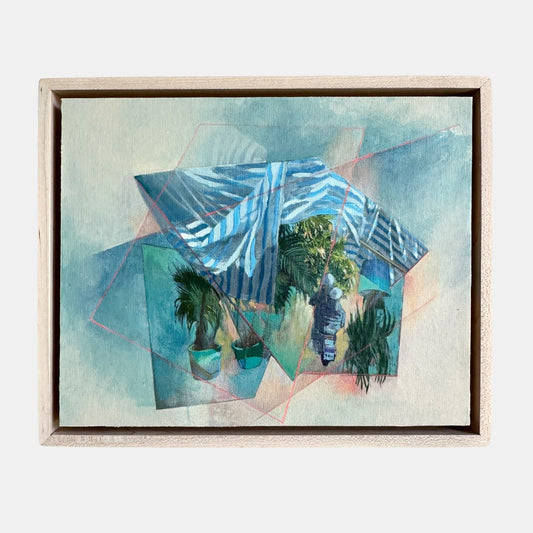 Framed abstract artwork with geometric shapes and plant elements on a light background