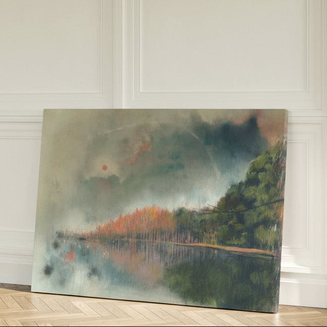 A vertical landscape painting leaning against a white paneled wall on a light wood floor. The painting depicts a misty lakeside scene with dark green trees, orange autumn foliage, and a cloudy sky.